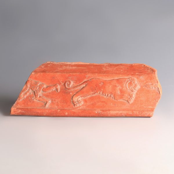 Ancient Roman North African Red Slipware Relief Plaque with Lion and Human Figure