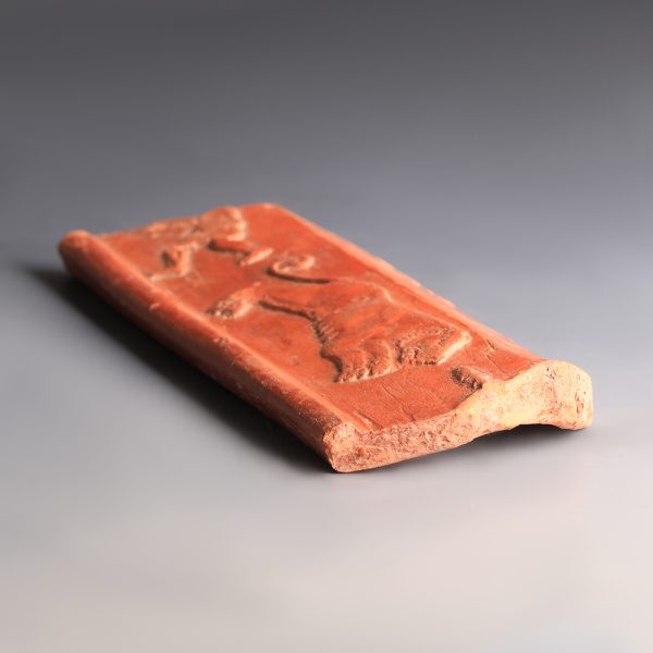 Ancient Roman North African Red Slipware Relief Plaque with Lion and Human Figure