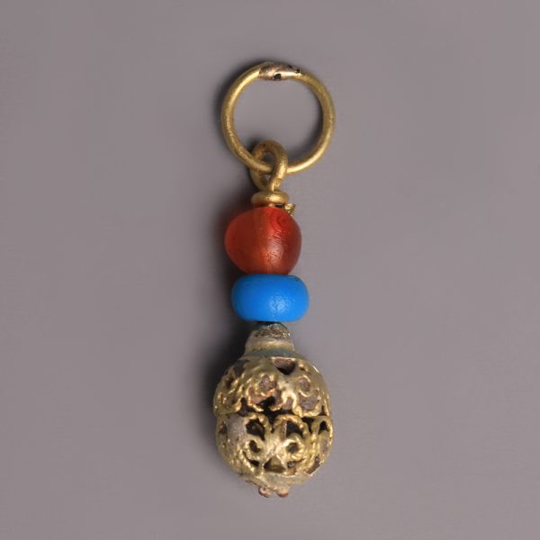 Western Asiatic Carnelian, Glass and Gold Pendant