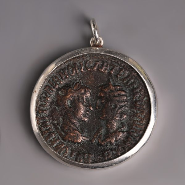 Roman Gordian III and Tranquillina Ae32 Coin Pendant with Silver Frame