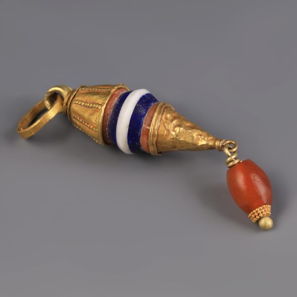 Large Ancient Greek Gold, Carnelian and Glass Pendant