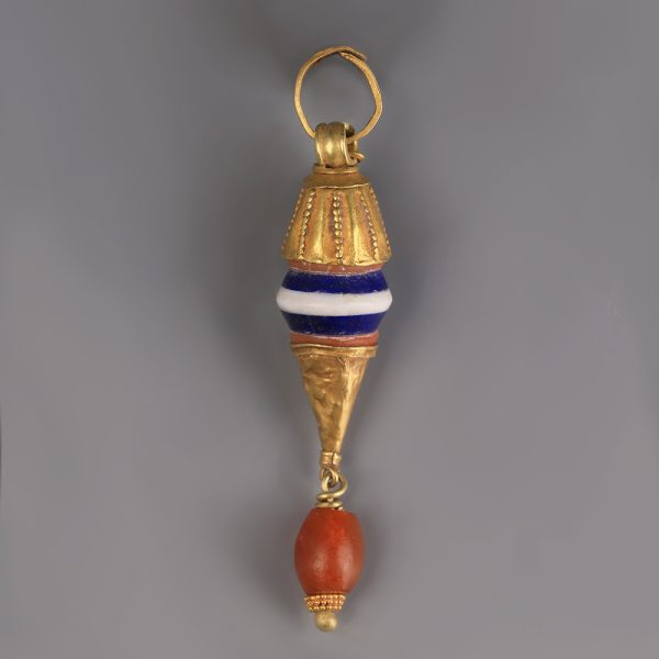 Large Ancient Greek Gold, Carnelian and Glass Pendant