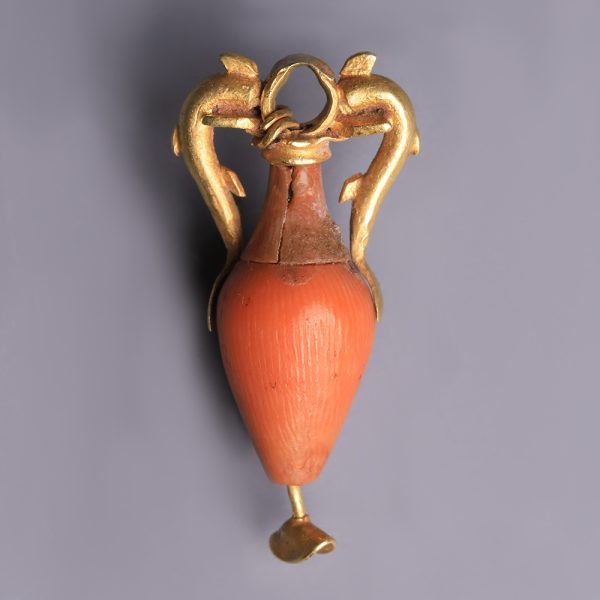 Ancient Greek Hellenistic Gold and Coral Dolphin Amphora Pendant