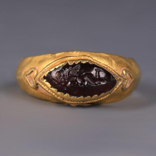 Ancient Roman Gold Ring with Garnet Intaglio of Cupid