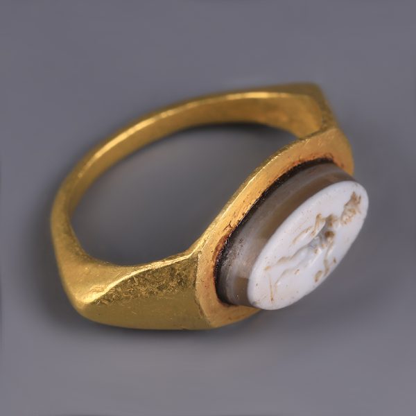 Ancient Roman Gold Ring with Agate Intaglio of Mercury