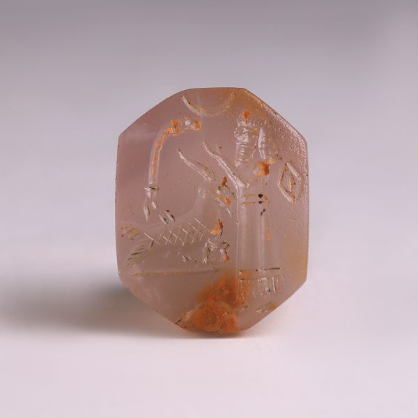 Assyro-Babylonian Chalcedony Stamp Seal with Cultic Scene