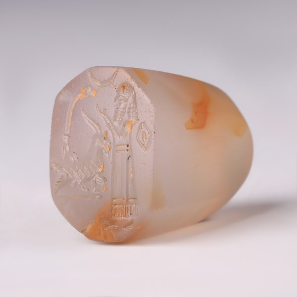 Assyro-Babylonian Chalcedony Stamp Seal with Cultic Scene