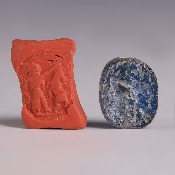Western Asiatic Blue Glass Stamp Seal with Hunt Scene