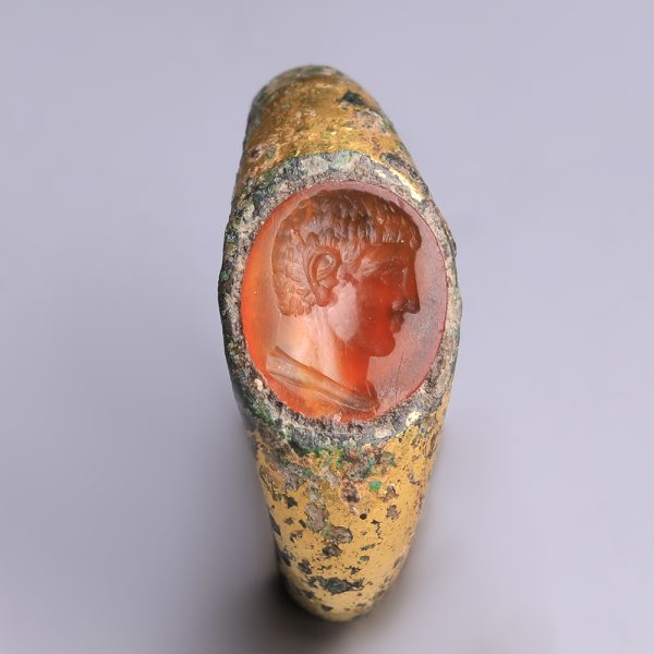 Ancient Roman Gilt-Bronze Ring with Carnelian Intaglio