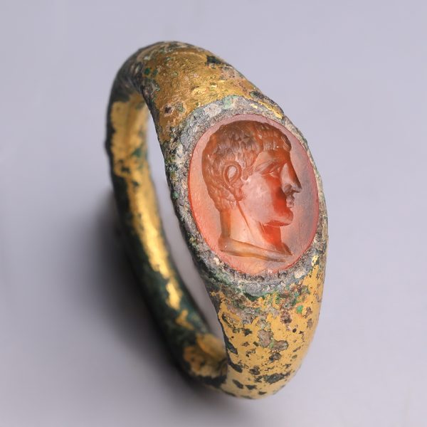 Ancient Roman Gilt-Bronze Ring with Carnelian Intaglio