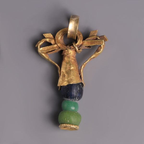 Ancient Greek Hellenistic Gold and Glass Dolphin Amphora Pendant