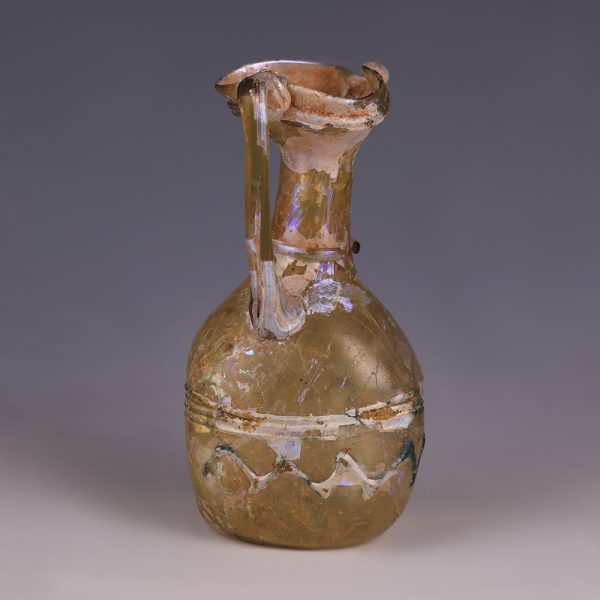 Roman Yellow Glass Jug with Trefoil Rim and Trail Decoration