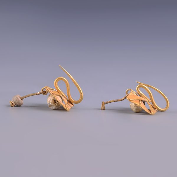 Ancient Roman Pair of Gold Earrings with Glass Beads