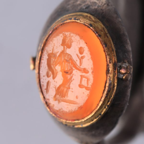 Ancient Roman Silver and Gold Ring with Intaglio of Aequitas