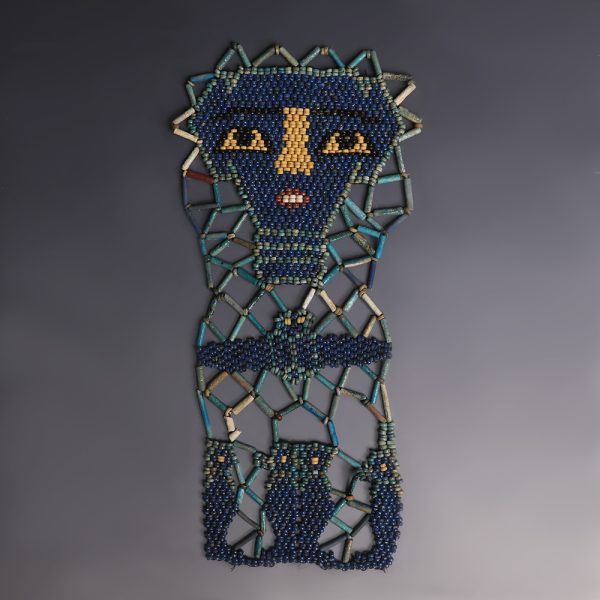 Egyptian Blue Beaded Mummy Mask with Funerary Face, Four Sons of Horus and Winged Scarab