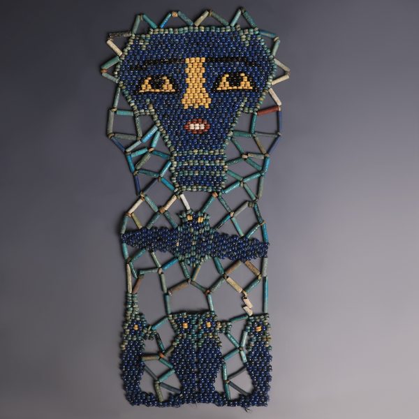 Egyptian Blue Beaded Mummy Mask with Funerary Face, Four Sons of Horus and Winged Scarab