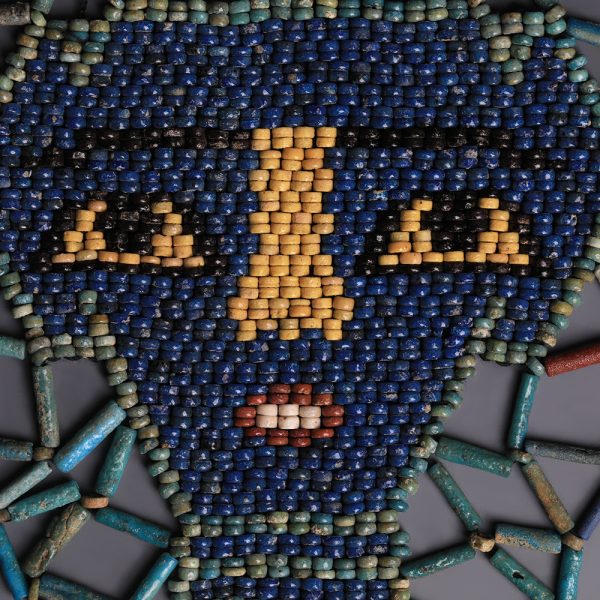 Egyptian Blue Beaded Mummy Mask with Funerary Face, Four Sons of Horus and Winged Scarab