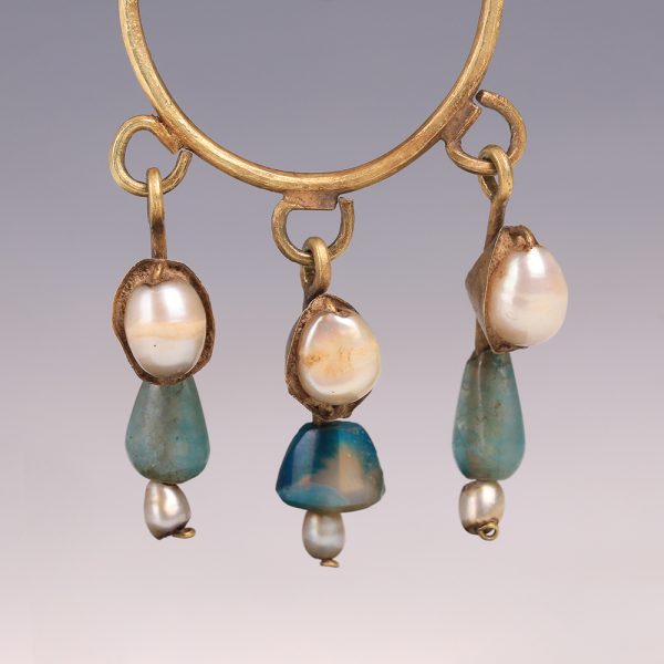 Pair of Roman Gold Earrings with Glass Beads and Pearls
