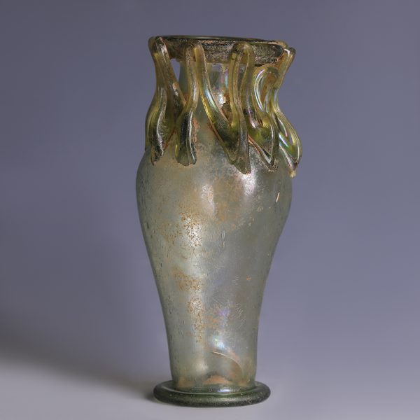 Roman Green Glass Flask with Trailing