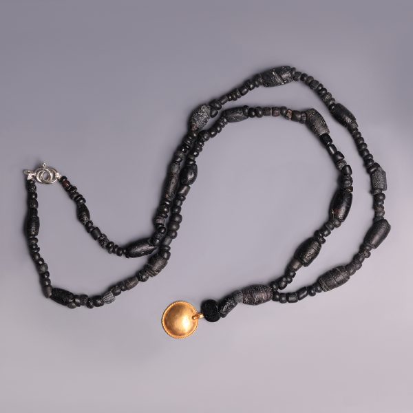 Ancient Roman Black Glass Beaded Necklace with Gold Pendant