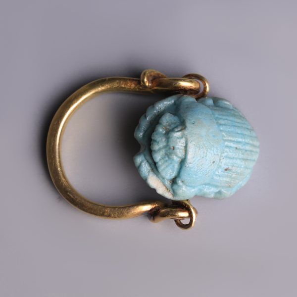 Egyptian Turquoise Faience Scarab Swivel Ring