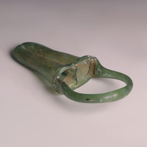 Roman Green Glass Double Balsamarium with Basket Handle
