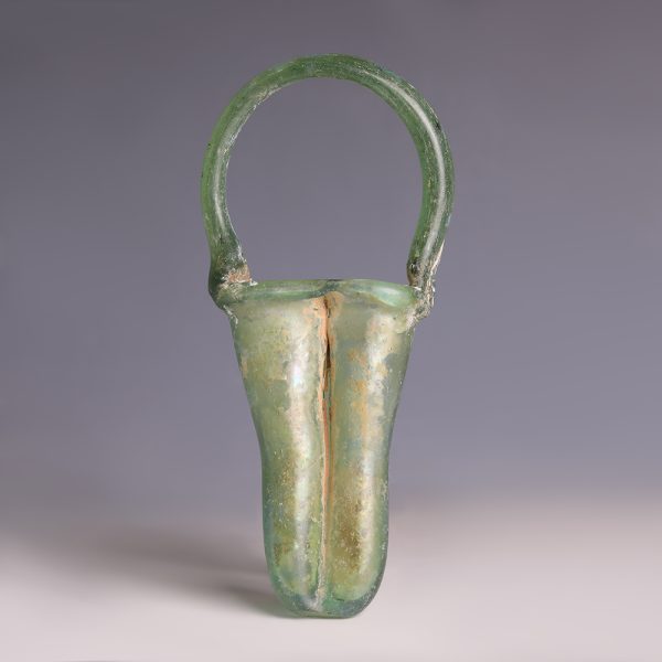 Roman Green Glass Double Balsamarium with Basket Handle