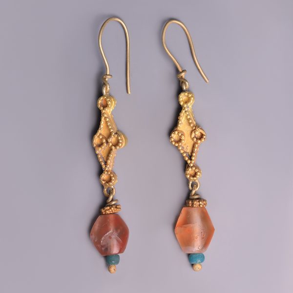 Western Asiatic Gold, Carnelian and Glass Earrings