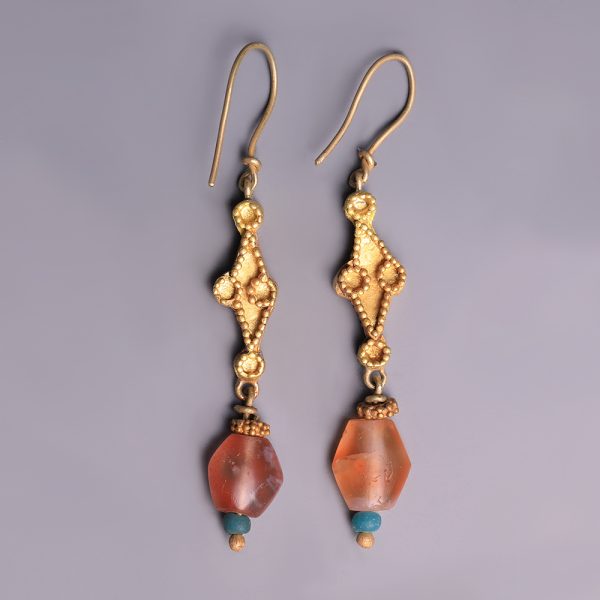 Western Asiatic Gold, Carnelian and Glass Earrings