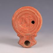 Ancient Roman Terracotta Oil Lamp with Figure Leaning on a Herm
