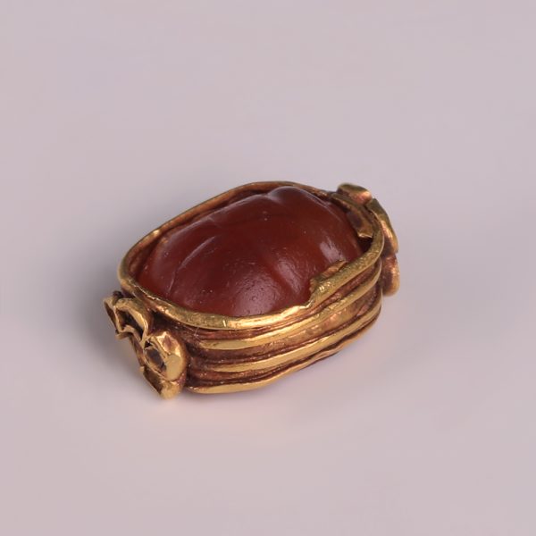 Egyptian Carnelian Scarab Amulet with Gold Mount