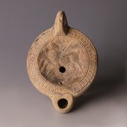 Ancient Roman Terracotta Oil Lamp with Stag Hunt Scene