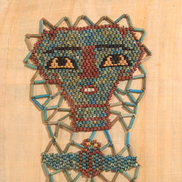 Selection of Ancient Egyptian Framed Beaded Mummy Masks with Funerary Face, Four Sons of Horus and Winged Scarab