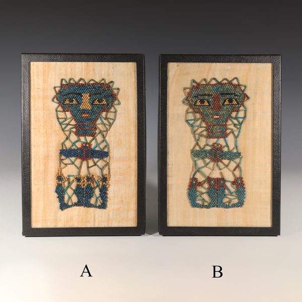 Selection of Ancient Egyptian Framed Beaded Mummy Masks with Funerary Face, Four Sons of Horus and Winged Scarab
