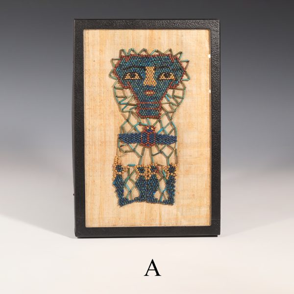 Selection of Ancient Egyptian Framed Beaded Mummy Masks with Funerary Face, Four Sons of Horus and Winged Scarab