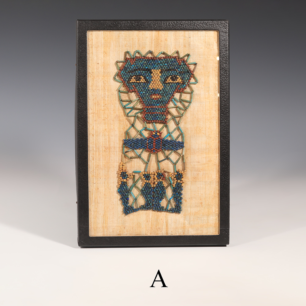 Selection of Ancient Egyptian Framed Beaded Mummy Masks with Funerary Face, Four Sons of Horus and Winged Scarab Selection of Ancient Egyptian Framed Beaded Mummy Masks with Funerary Face, Four Sons of Horus and Winged Scarab
