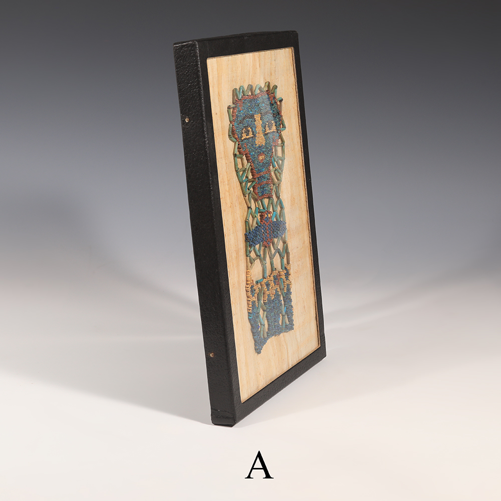 Selection of Ancient Egyptian Framed Beaded Mummy Masks with Funerary Face, Four Sons of Horus and Winged Scarab Selection of Ancient Egyptian Framed Beaded Mummy Masks with Funerary Face, Four Sons of Horus and Winged Scarab