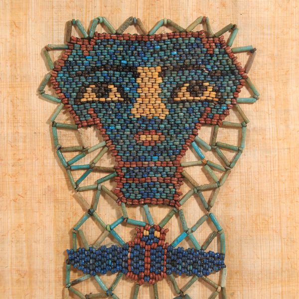 Selection of Ancient Egyptian Framed Beaded Mummy Masks with Funerary Face, Four Sons of Horus and Winged Scarab
