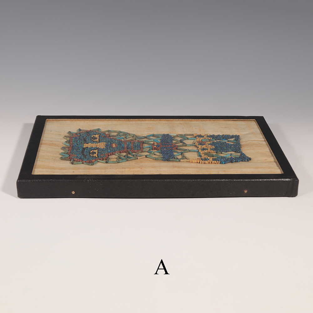 Selection of Ancient Egyptian Framed Beaded Mummy Masks with Funerary Face, Four Sons of Horus and Winged Scarab Selection of Ancient Egyptian Framed Beaded Mummy Masks with Funerary Face, Four Sons of Horus and Winged Scarab