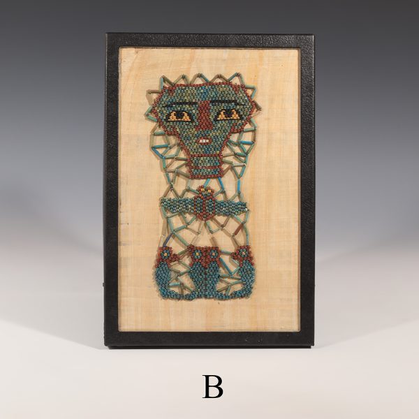 Selection of Ancient Egyptian Framed Beaded Mummy Masks with Funerary Face, Four Sons of Horus and Winged Scarab