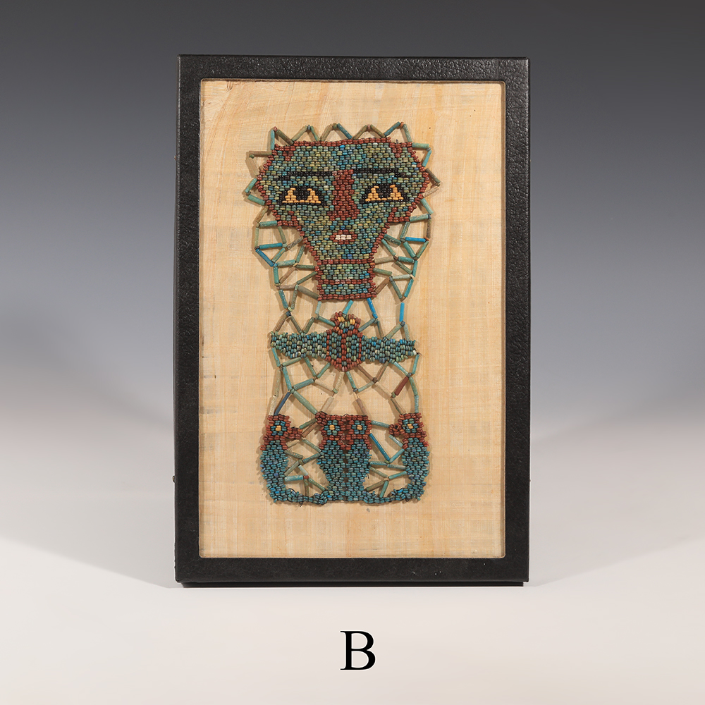 Selection of Ancient Egyptian Framed Beaded Mummy Masks with Funerary Face, Four Sons of Horus and Winged Scarab Selection of Ancient Egyptian Framed Beaded Mummy Masks with Funerary Face, Four Sons of Horus and Winged Scarab