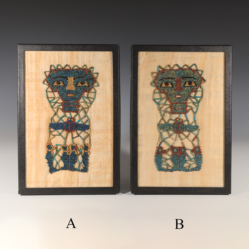 Selection of Ancient Egyptian Framed Beaded Mummy Masks with Funerary Face, Four Sons of Horus and Winged Scarab Selection of Ancient Egyptian Framed Beaded Mummy Masks with Funerary Face, Four Sons of Horus and Winged Scarab
