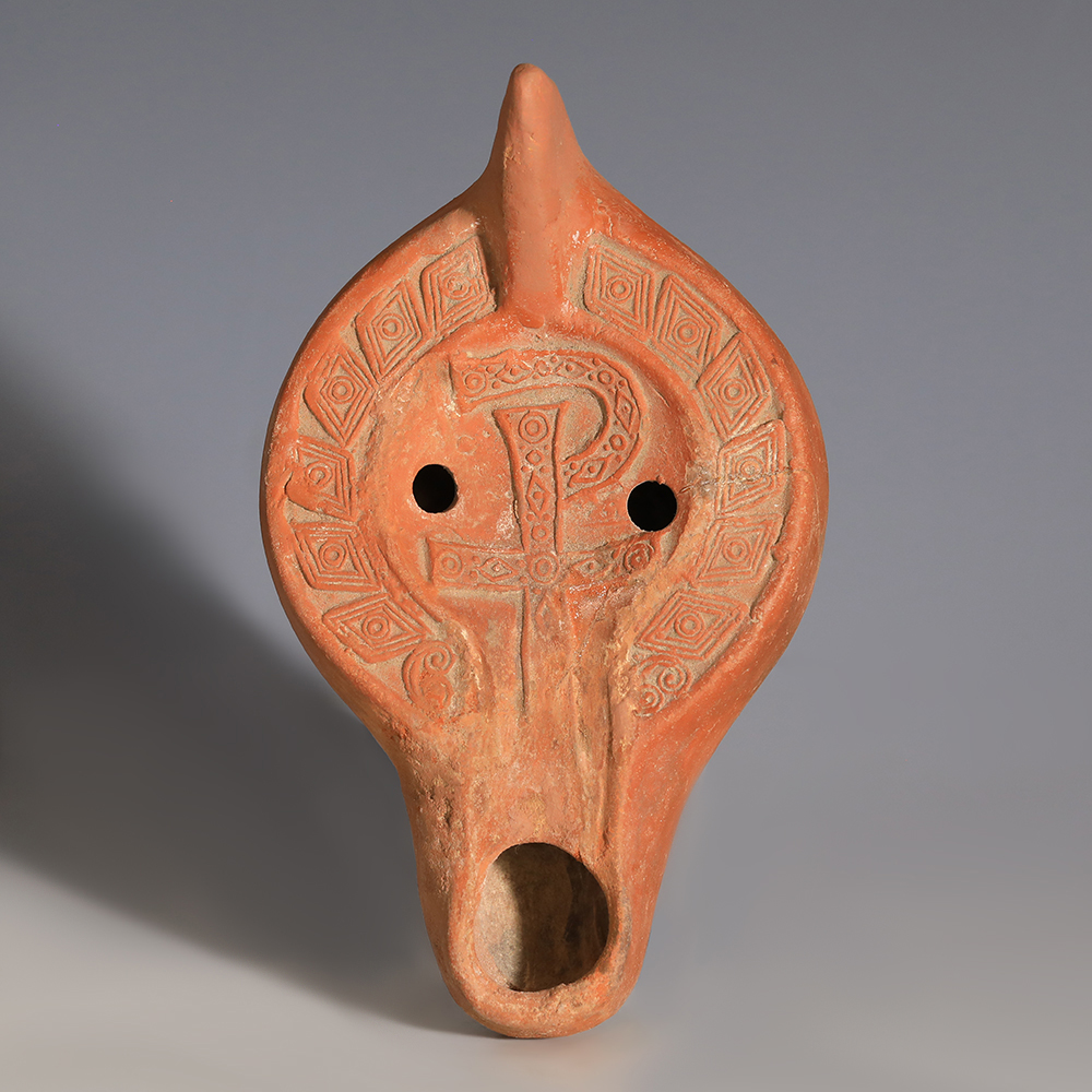 Roman Terracotta Oil Lamp with Christogram Roman Terracotta Oil Lamp with Christogram