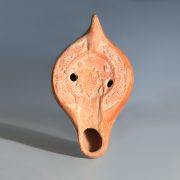 Ancient Roman Terracotta Oil Lamp with Spies Carrying Grapes
