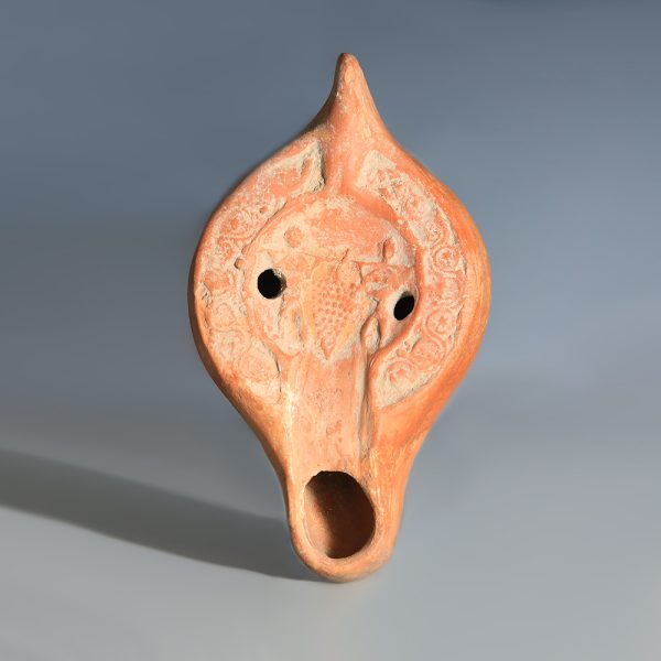 Ancient Roman Terracotta Oil Lamp with Spies Carrying Grapes