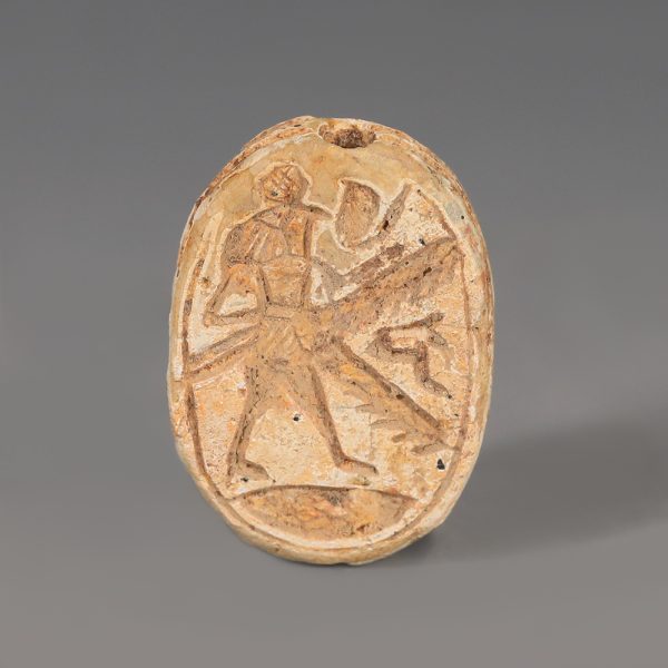 Egyptian Steatite Scarab Amulet with Winged Falcon Deity