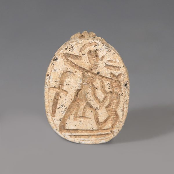 Egyptian Steatite Scarab with Figure of Pharaoh
