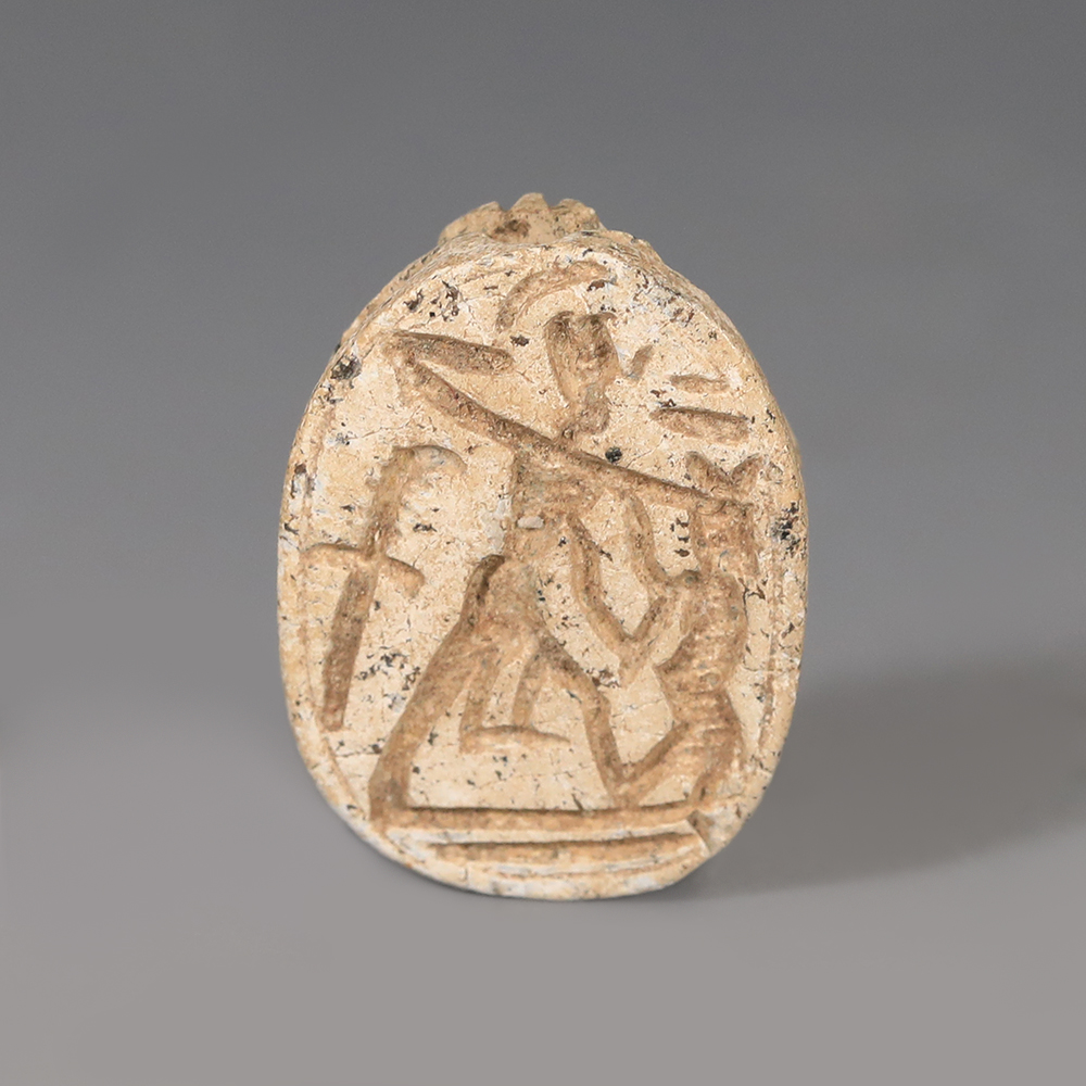 Egyptian Steatite Scarab with Figure of Pharaoh Egyptian Steatite Scarab with Figure of Pharaoh