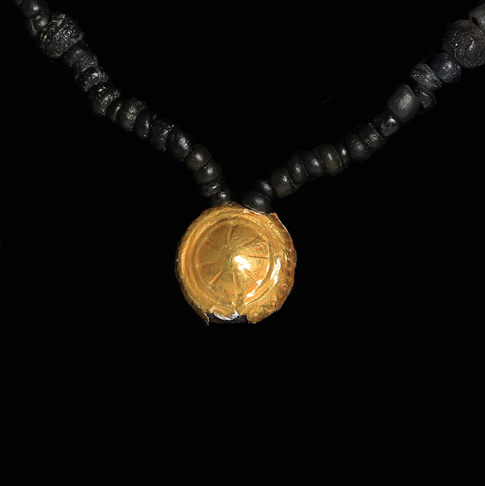 Roman Black Glass Beaded Necklace with Gold Pendant Roman Black Glass Beaded Necklace with Gold Pendant