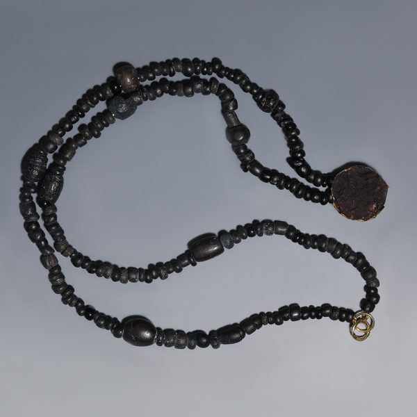 Roman Black Glass Beaded Necklace with Gold Pendant